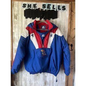 VTG 90s NCAA Starter Univ Kansas Jayhawks Anorak ‎ 1/2 Zip Puffy Jacket Sz L  KU